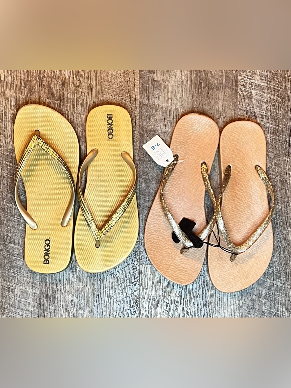 2 Pair Gold Rhinestone Glitter Flip Flop Sandals Bongo Time and Tru 7-8
